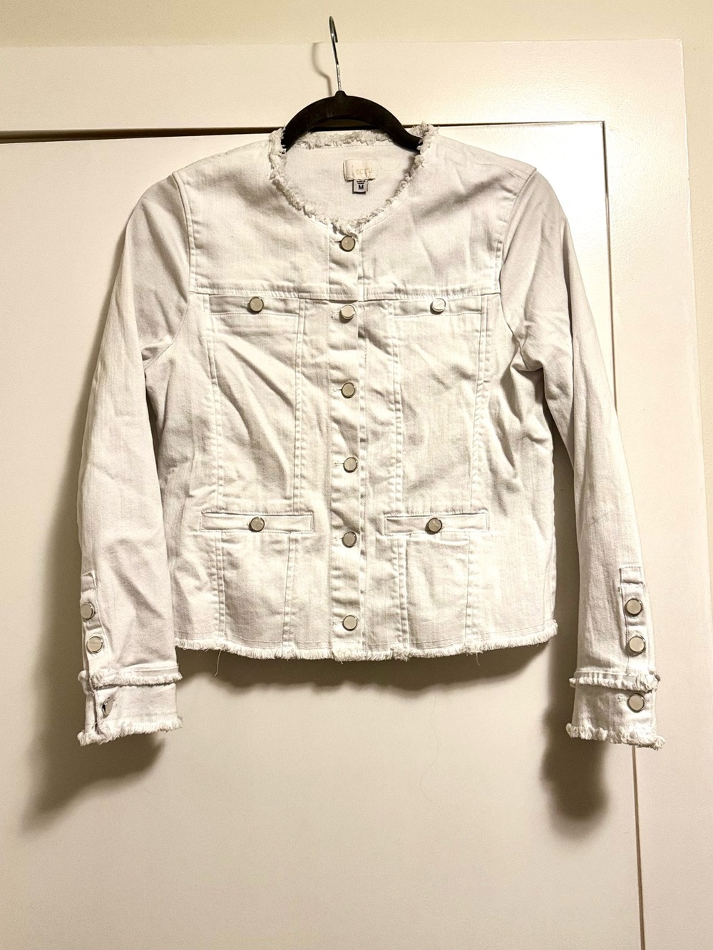 Ecru White Frayed Collarless Denim Jean Jacket Size M